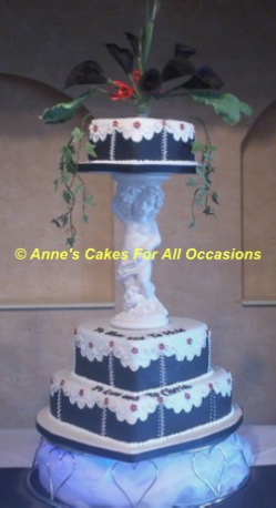 3 Tier Heart Wedding Cake, Cherub Cake Separator, Black and White Wedding Cake, Ipswich and Sudbury, Suffolk Wedding Cakes, Annes Cakes For Al Occasions