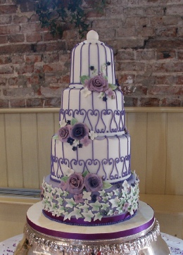 4 Tier Birdcage Wedding Cake, Purple sugar flowers, Annes Cakes For All Occasions, Sudbury Suffolk, Ipswch, Bury St Edmunds,Essex, Suffolk, Norfolk